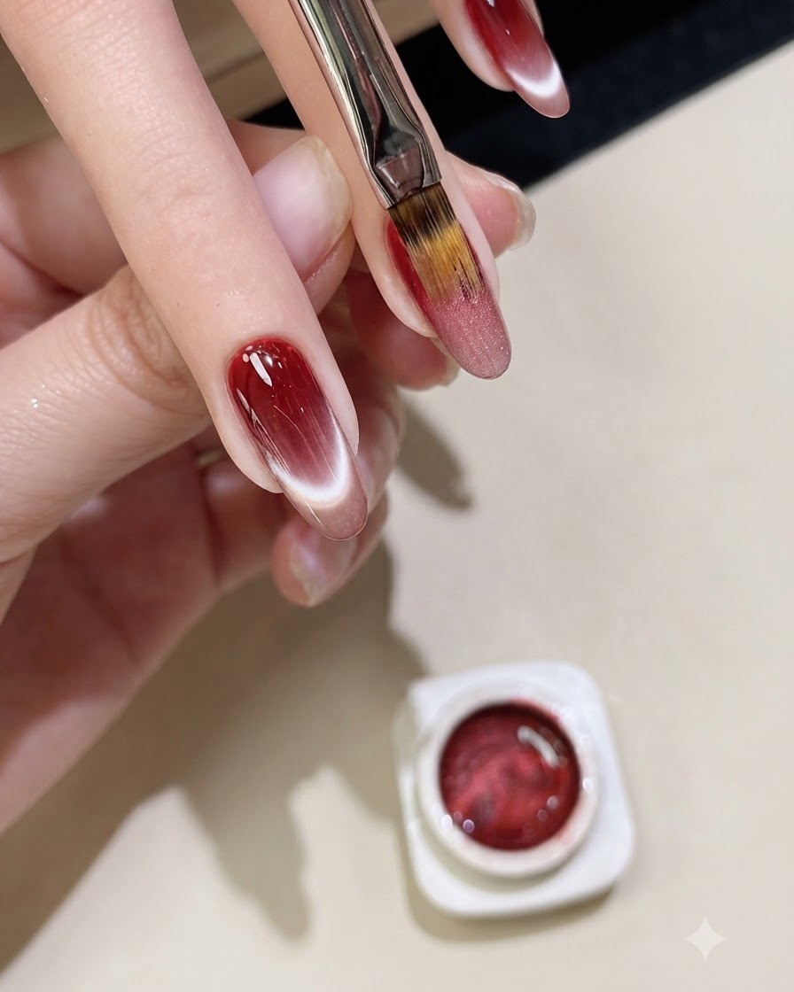 Ein flacher Gel-Pinsel trägt funkelndes magnetisches Cat-Eye-Gel direkt über den roten Gradienten-Nagel auf.
