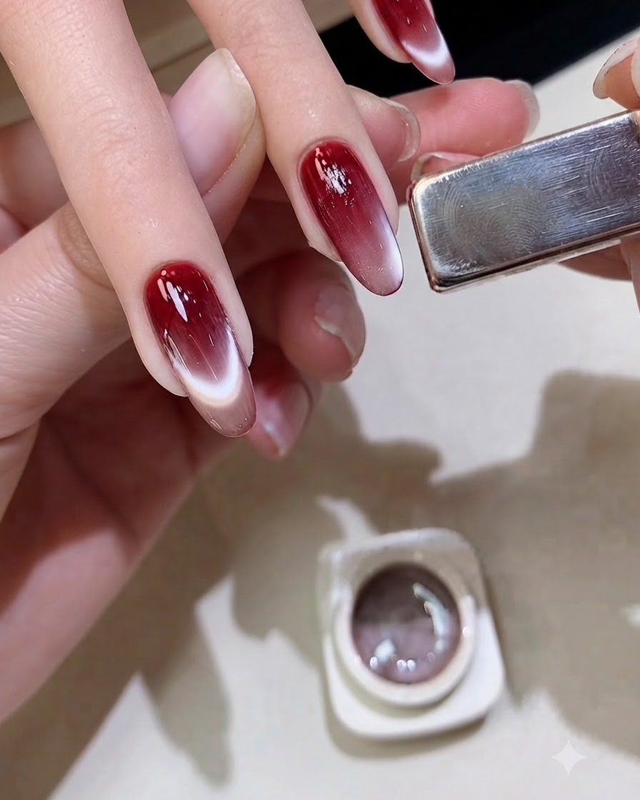 Die Spitze eines flachen Pinsels glättet und gleicht Cat-Eye-Gel über einem roten Gradienten-Nagel aus.