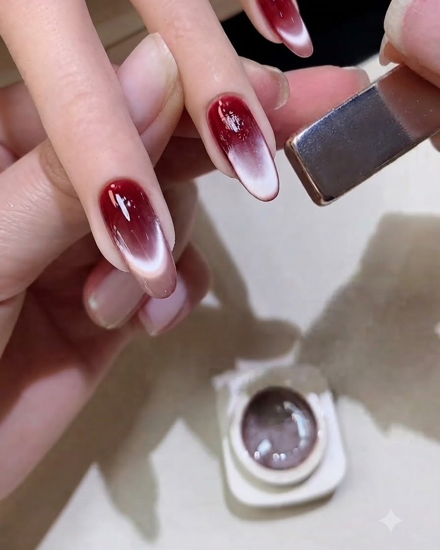 Ein rechteckiger metallischer Magnet wird diagonal in die Nähe des Fingernagels eines Kunden gehalten, um den magnetischen Schimmer zu formen.