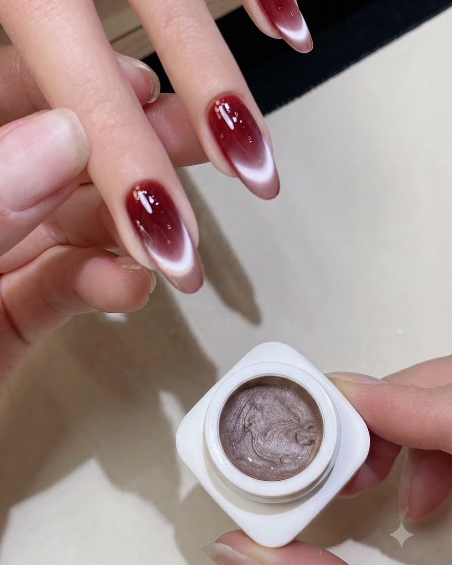 Ein Pinsel trägt eine letzte Schicht klaren Topcoat über fertige rote Gradienten- und Cat-Eye-Nägel auf.