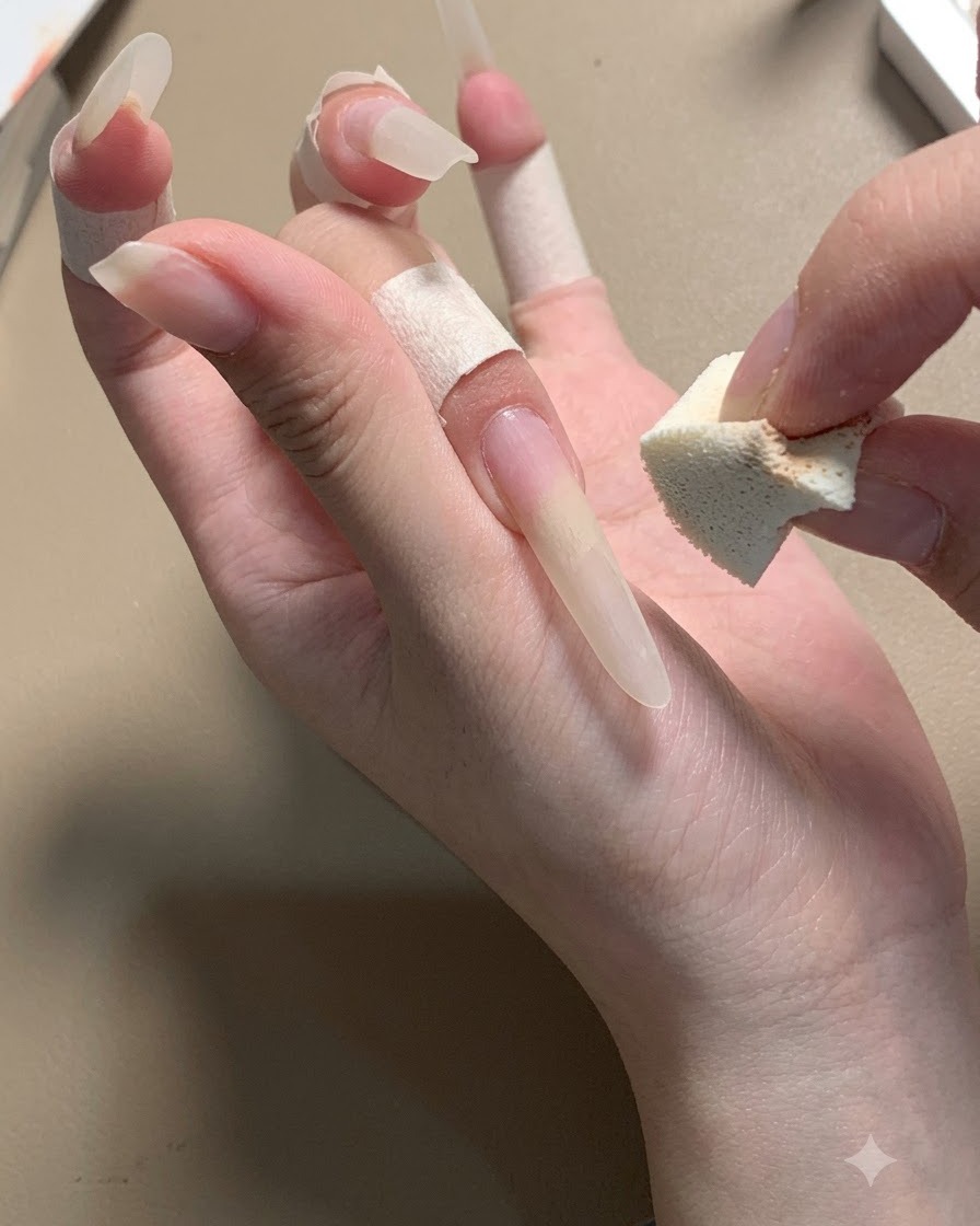 Eine Hand hält einen kleinen Schwamm in der Nähe eines langen Stiletto-Nagels, der mit Schutzband umwickelt ist.