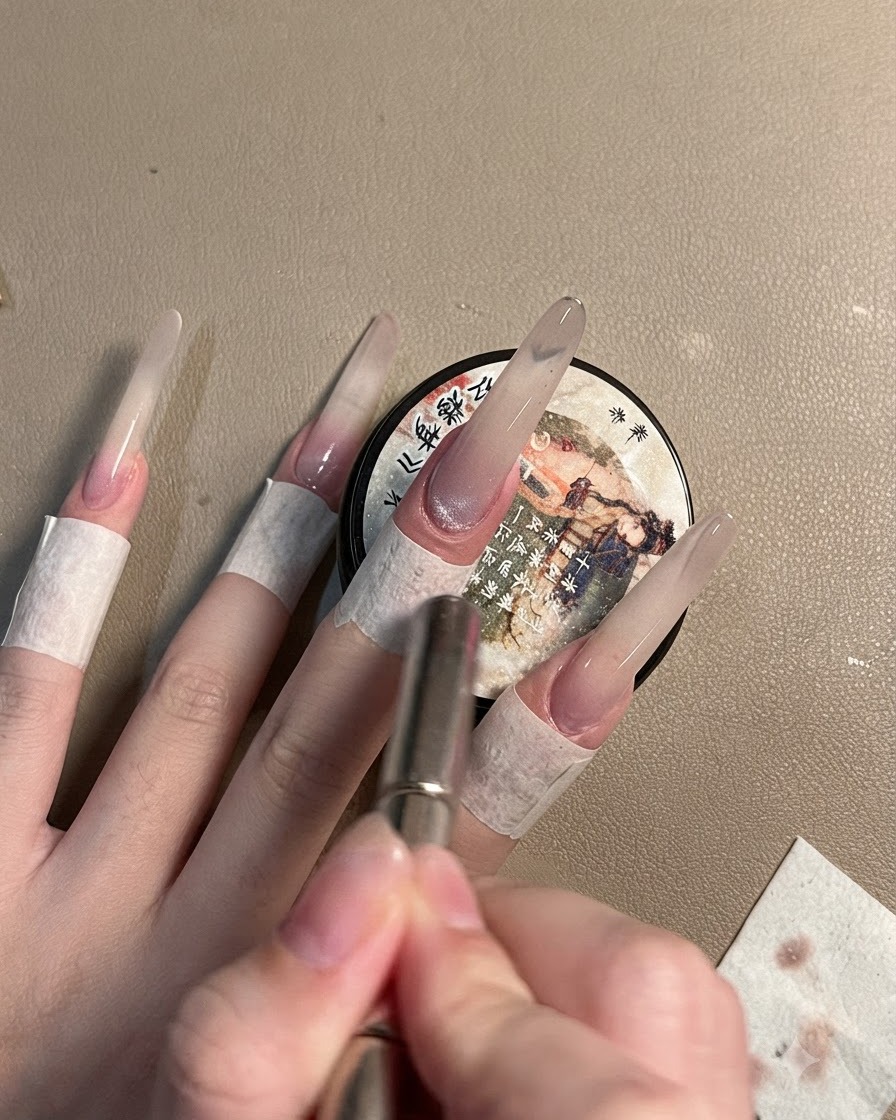 Eine Hand verwendet einen Magnetstab über einem grauen Cat-Eye-Shimmer-Gel auf einem langen Stiletto-Nagel.