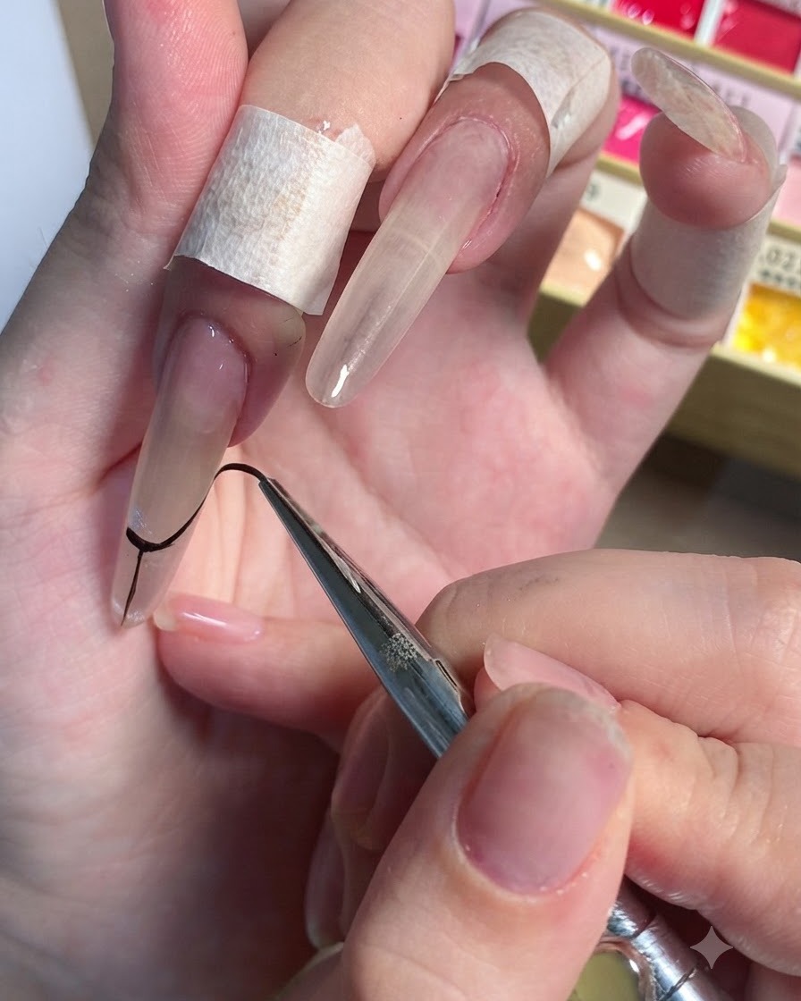 Ein feiner Liner-Pinsel zieht eine geschwungene schwarze Smile-Line-Kontur auf einem langen Stiletto-Nagel.