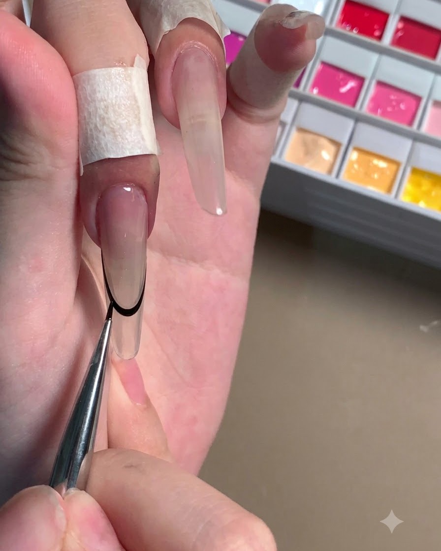 Ein feiner Pinsel verfeinert die schwarze French-Tip-Kontur auf einem langen Stiletto-Nagel.