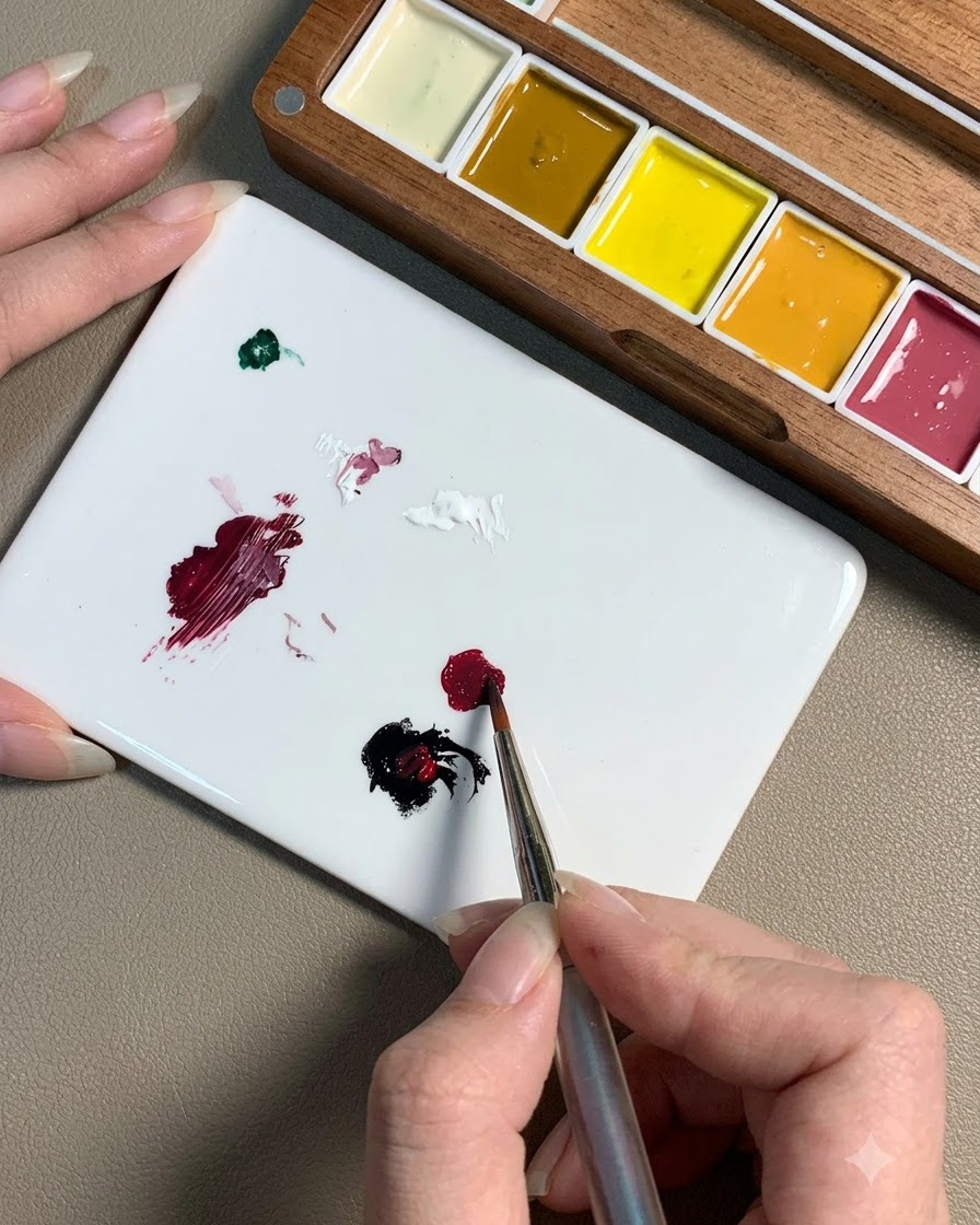 Ein Pinsel berührt einen Tropfen schwarzes Gel in der Nähe eines roten Kleckses auf einer weißen Mischpalette zum Mischen.