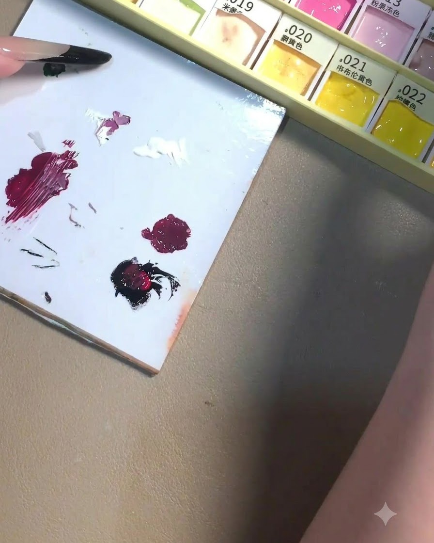 Eine vollständig vermischte Menge dunkelviolett-farbenes Gel auf einer weißen Mischpalette neben anderen Gel-Tropfen.