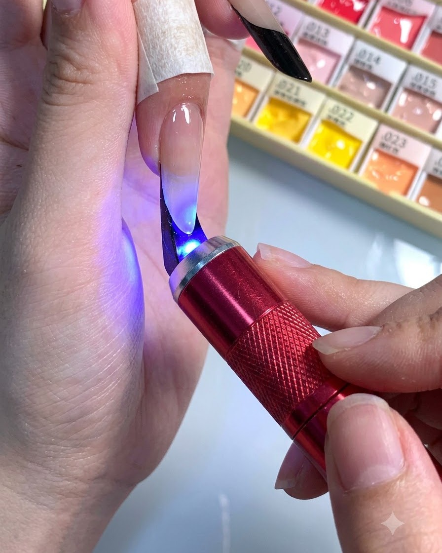 Eine tragbare rosa UV-Taschenlampe härtet Gel-Art auf einem Stiletto-Finger nagel aus.