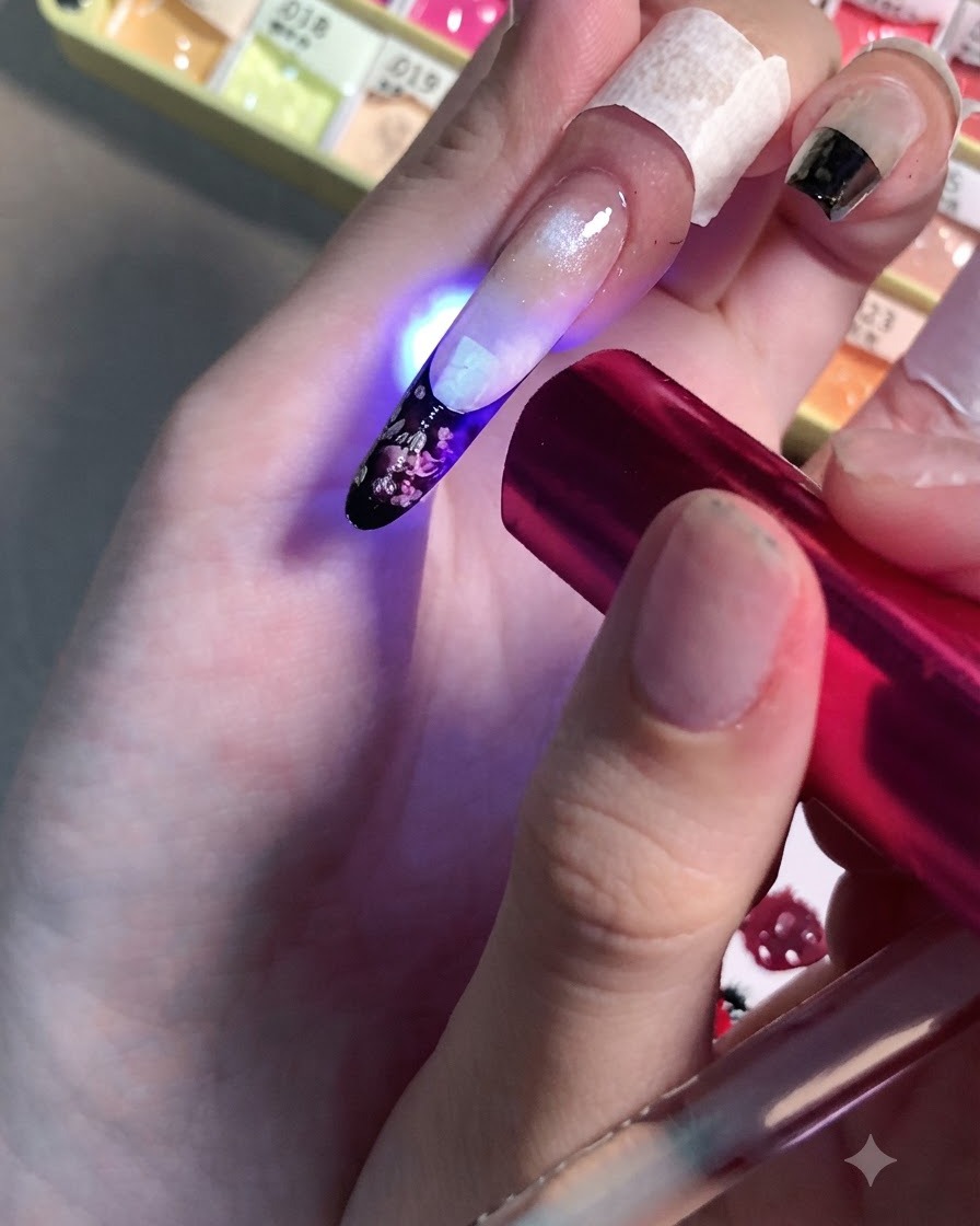 Eine Hand hält eine Mini-LED-Lampe über einen Fingernagel, um die frisch gemalten hellrosa floralen Details auszuhärten.