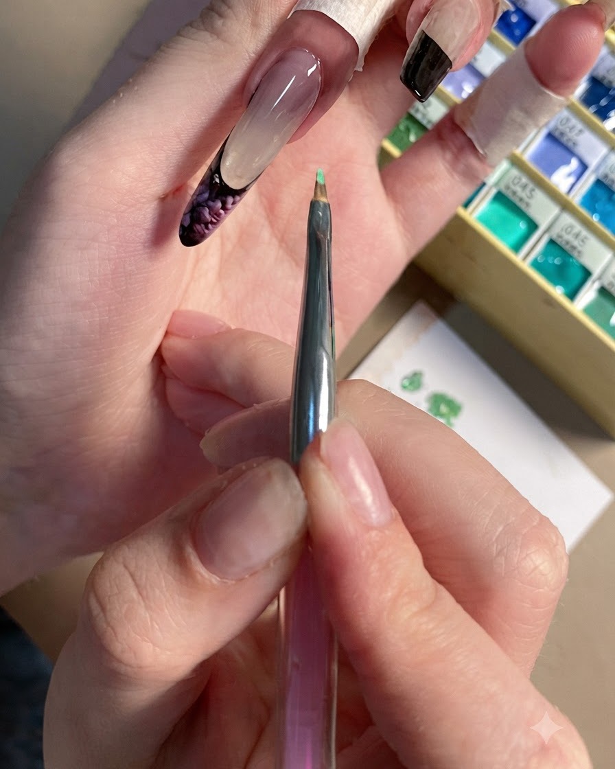 Nahaufnahme eines feinen Liner-Pinsels mit grüner Gel-Farbe über einem Nagel mit fertigen Pflaumenrosen.