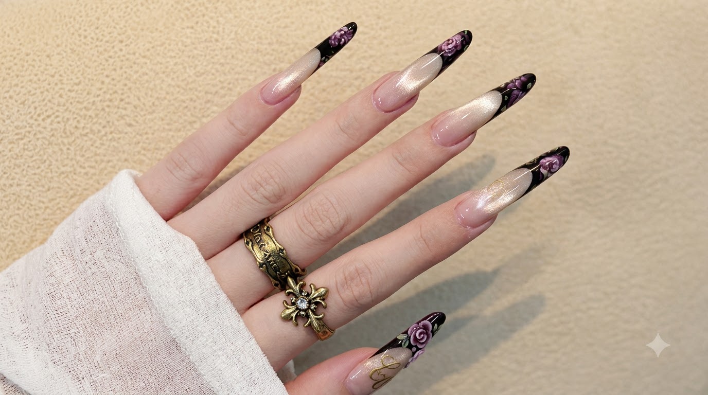 Dark Floral Nägel mit schwarzer French Tip & Cat-Eye Stiletto Nails