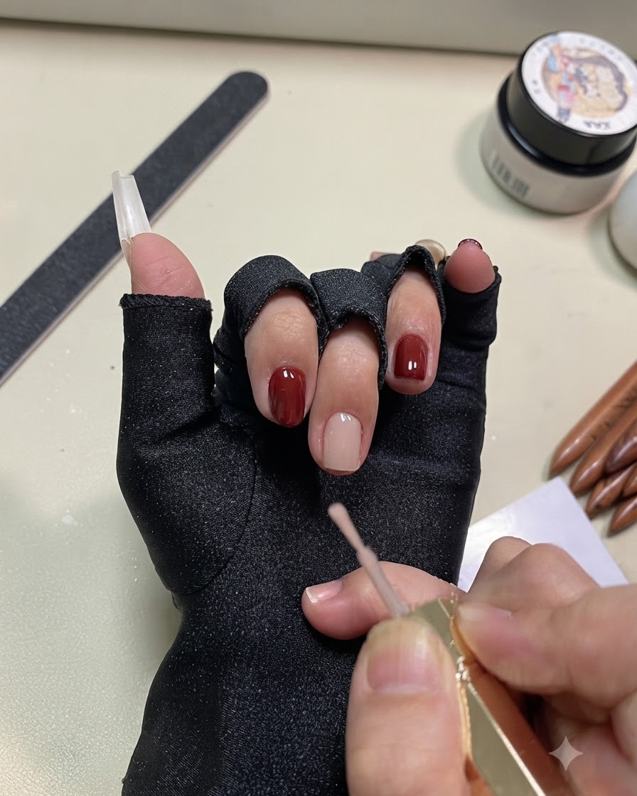 Nahaufnahme eines Pinsels, der nudefarbenen Gel-Lack auf einen Fingernagel aufträgt.