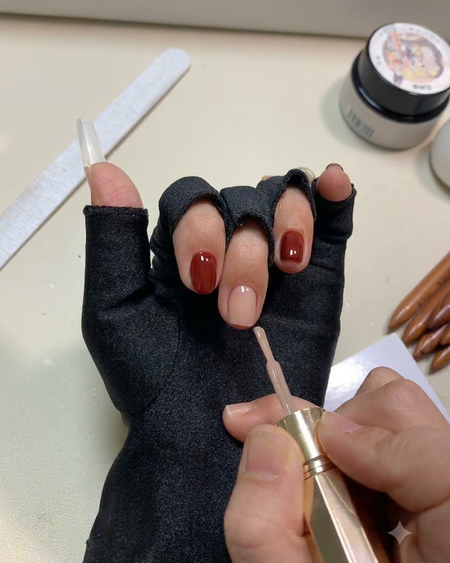 Eine Hand ruht in einer UV-Lampe, während der Nude Base Coat unter dem Licht aushärtet.