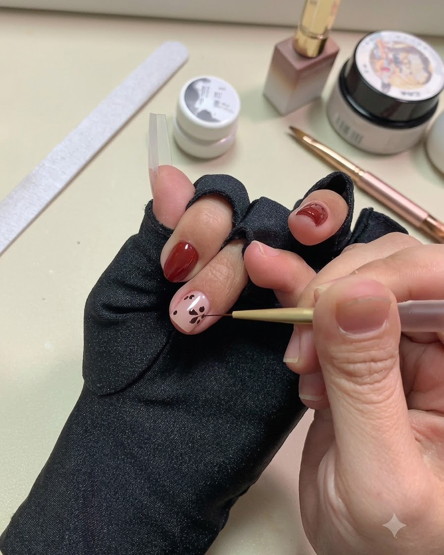 Ein feiner Liner-Pinsel zieht Linien aus den schwarzen Punkten, um spitze Blattformen auf dem Nagel zu kreieren.