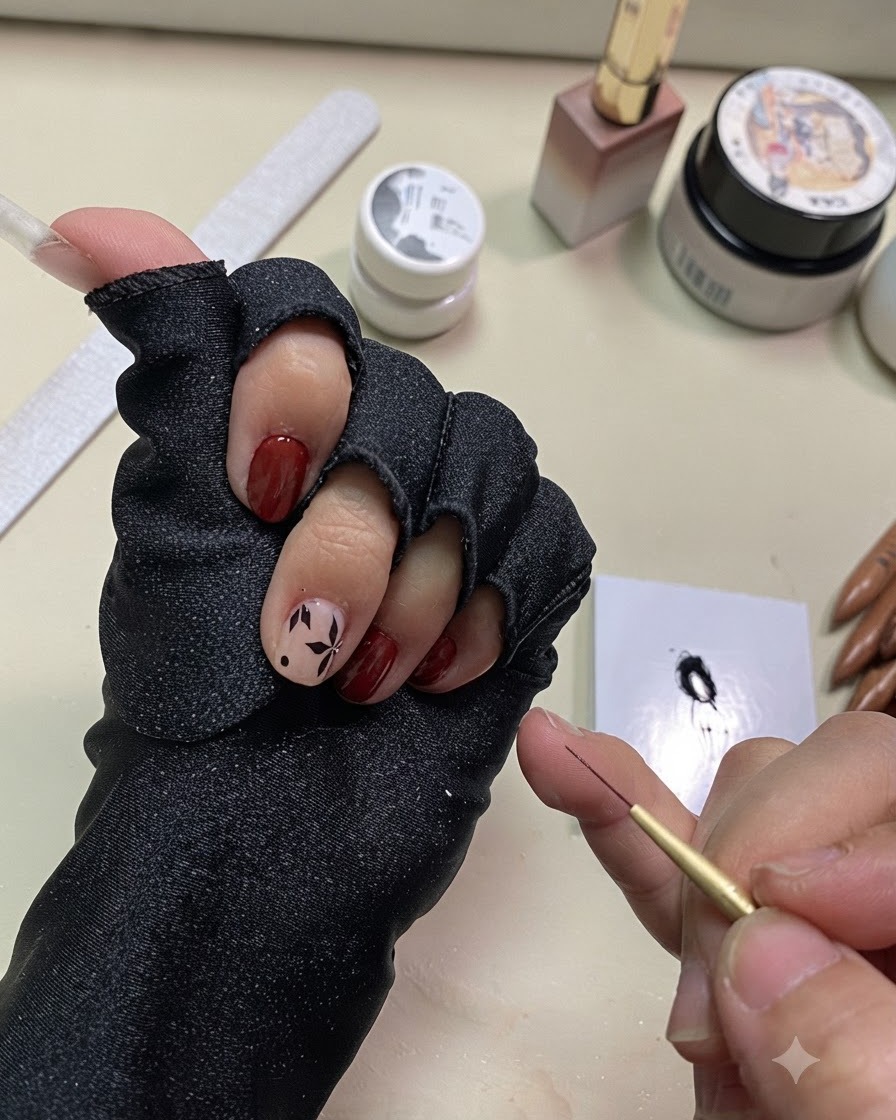 Nahaufnahme der Hand, die einen Liner-Pinsel hält, mit der fertigen, ausgehärteten schwarzen Blätter-Nail-Art auf dem Fingernagel.