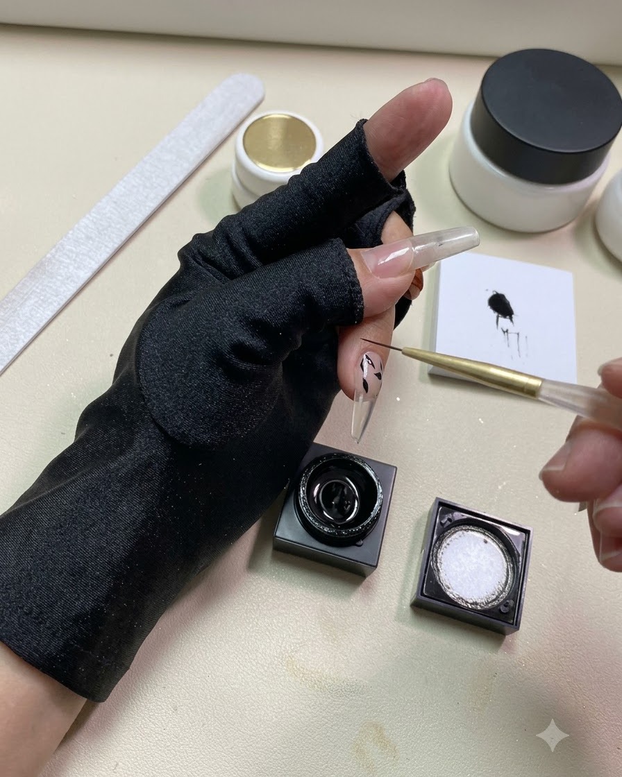 Nahaufnahme eines Liner-Pinsels, der in schwarzes Zieh-Gel neben einem Nagel mit gemaltem Blätterdesign taucht.