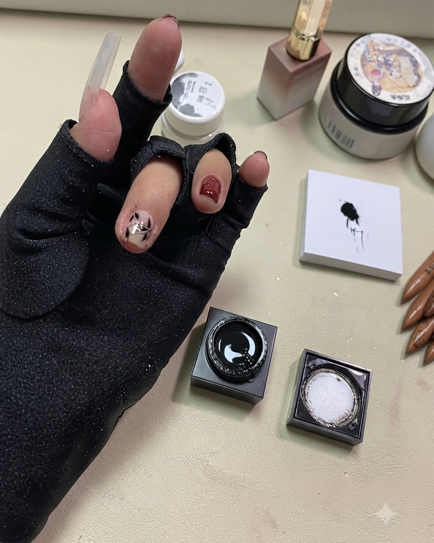 Ein Wattepad wischt klebrige Rückstände um den Finger und die Nagelränder ab.