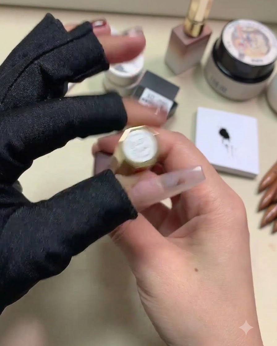 Eine Hand hält die Flasche des Nail Love 60-Farben-Sets, Farbton 53 weinroter Gel-Lack.