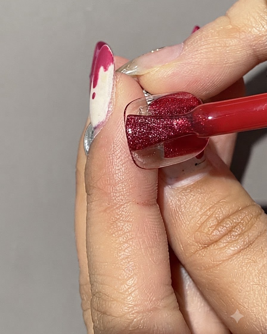 Nahaufnahme eines Pinsels, der rotes, glitzerndes Cat-Eye-Gel auf einen klaren Nageltip aufträgt.