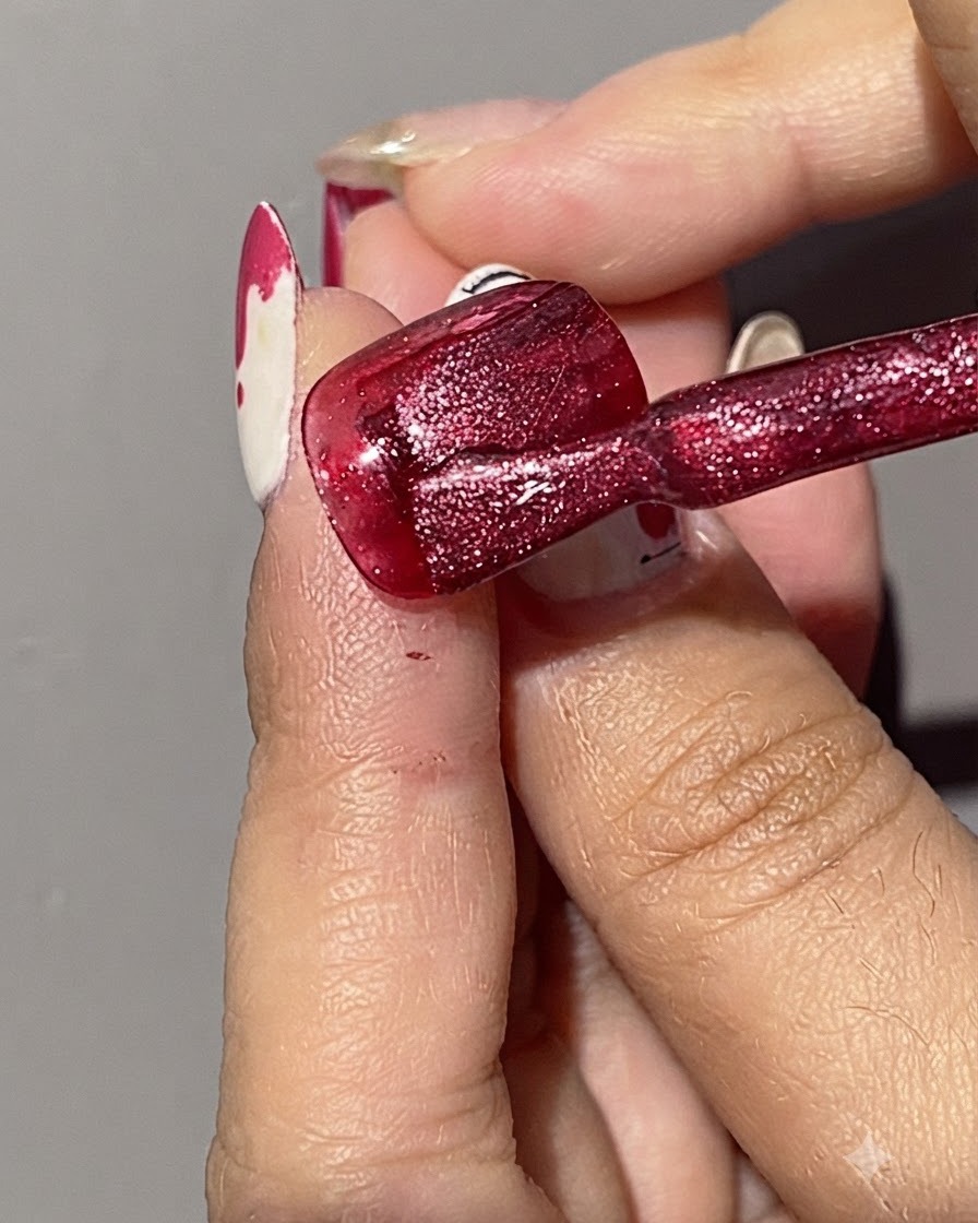 Ein Pinsel trägt eine zweite Schicht schimmerndes rotes Cat-Eye-Gel auf einen bereits rot lackierten Nagel auf.