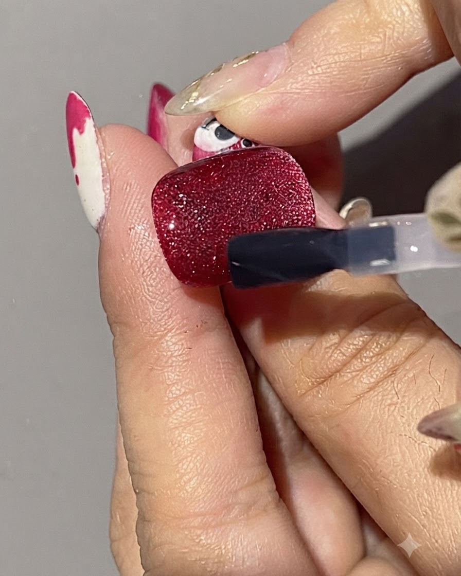 Ein Pinsel trägt einen matten Top Coat über einen strukturierten roten Cat-Eye-Gel-Nagel auf.