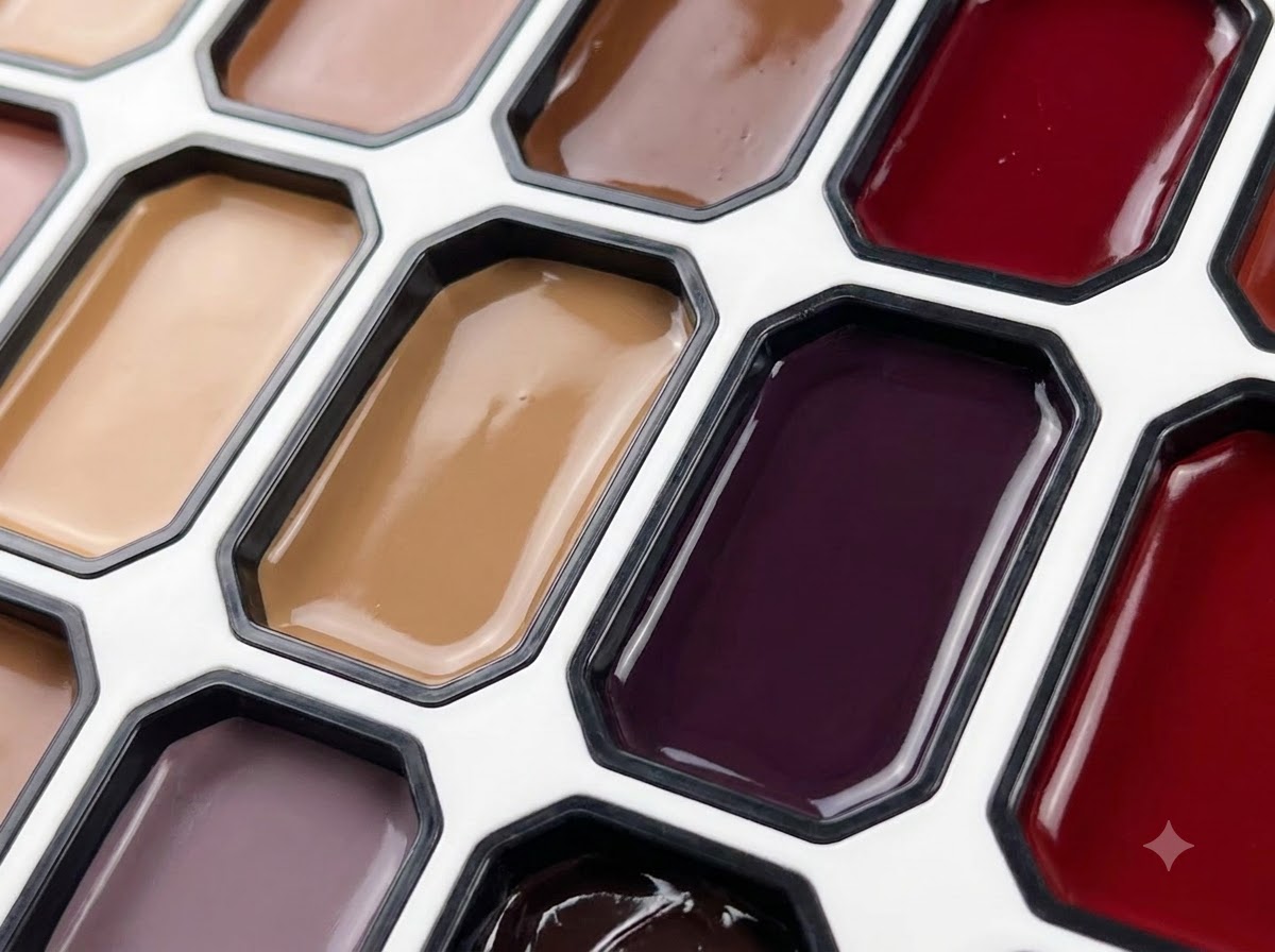 Eine Mehrkammer-Palette mit verschiedenen Gel-Farben, darunter ein satter Rotton.