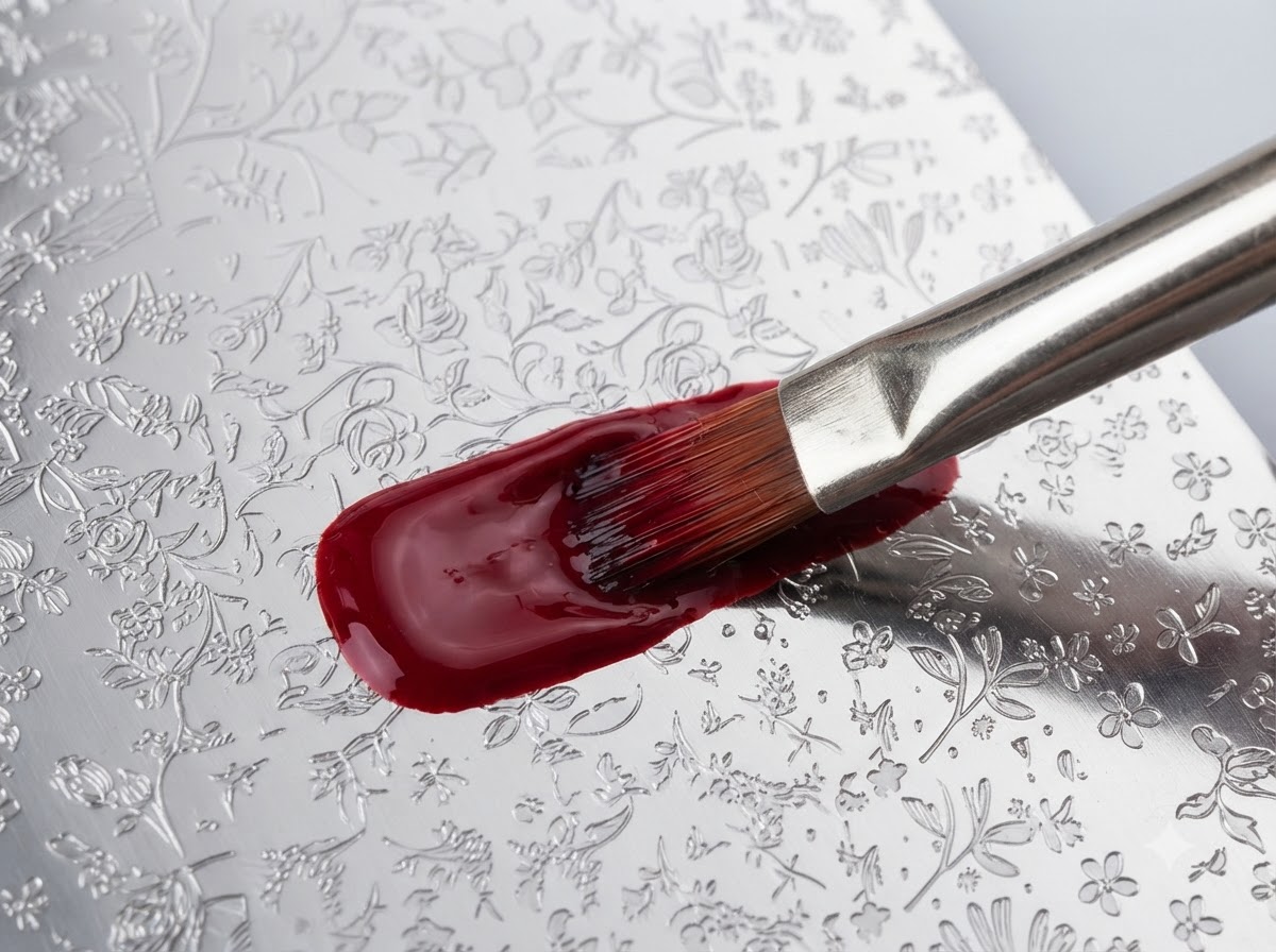 Ein Nail-Art-Pinsel verteilt rotes Gel großzügig über eine gravierte Metallplatte.