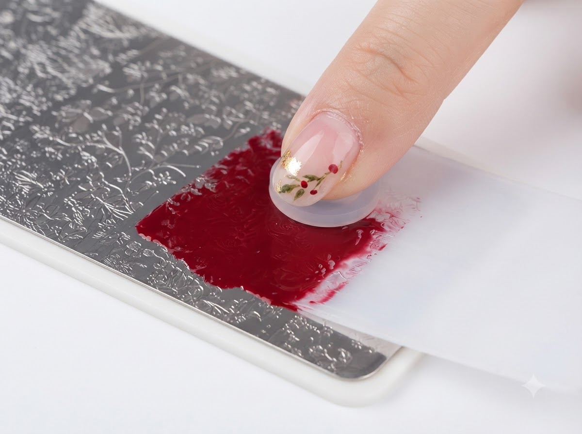 Eine Plastik-Abstreichkarte wischt überschüssiges rotes Gel von einer Metall-Stamping-Platte ab.
