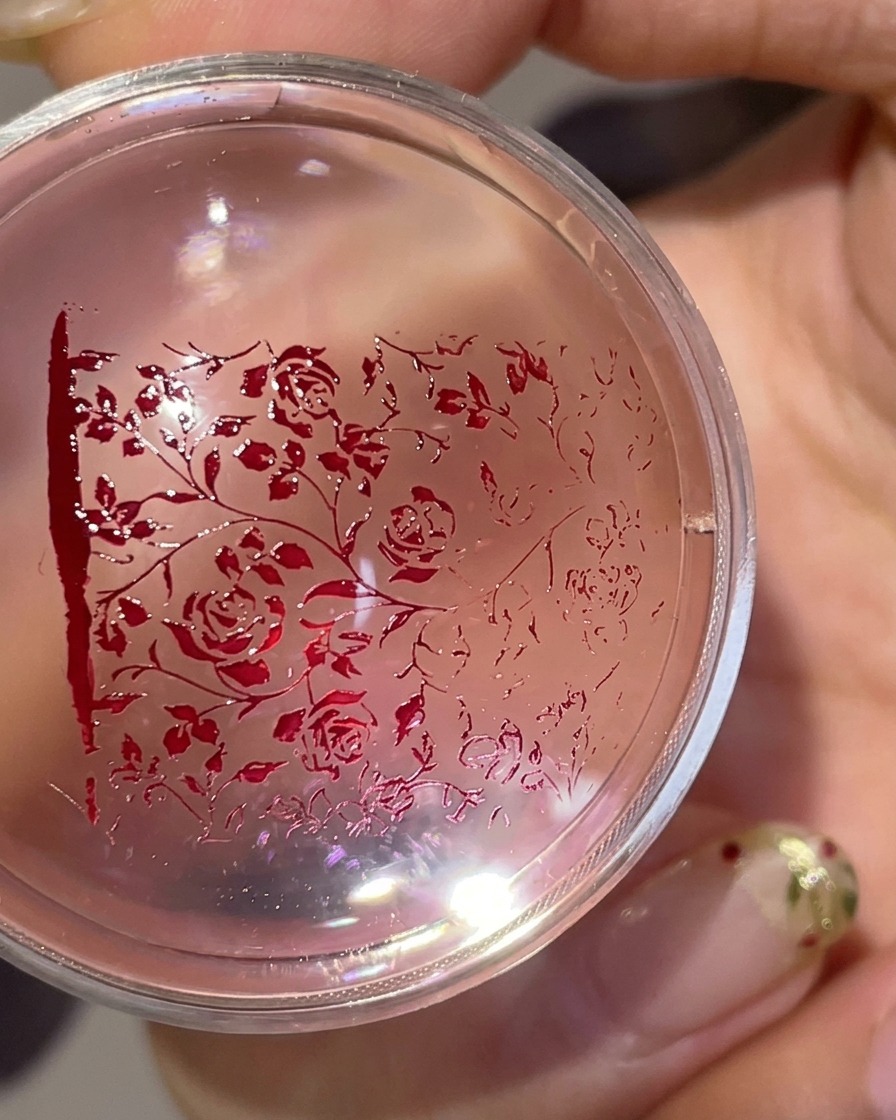 Ein transparenter Silikon-Stempelkopf zeigt ein übertragenes rotes Blumenmuster, bereit für das Auftragen auf einen Nagel.