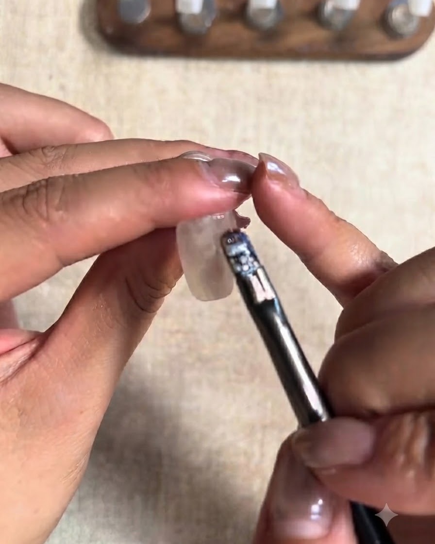 Eine Hand verwendet einen kleinen zylindrischen Magneten, um die magnetischen Cat-Eye-Partikel auf einem Daumennagel zu formen.