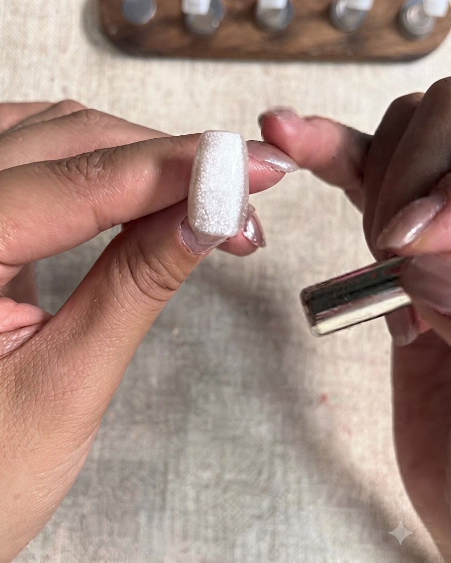 Eine Nahaufnahme eines Daumennagels, die einen fertigen Glasperlen-Cat-Eye-Effekt mit einem Magneten in der Nähe zeigt.