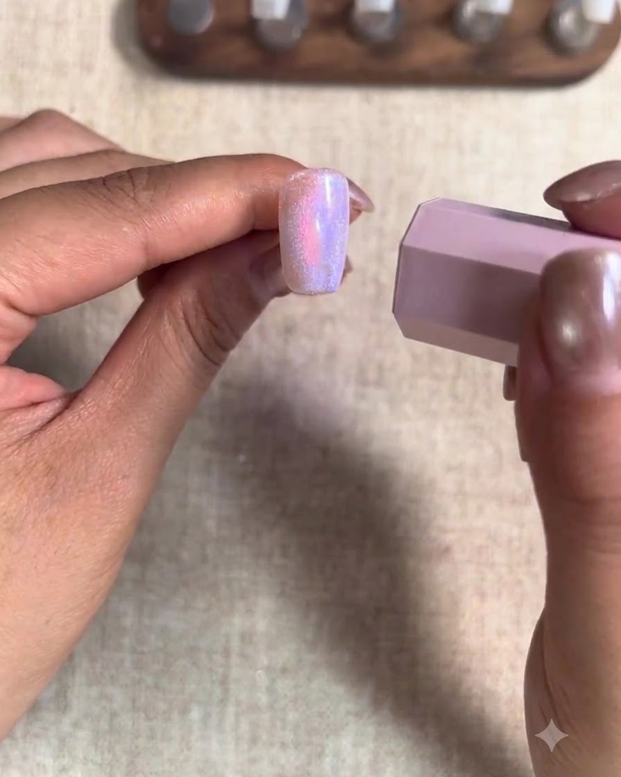 Eine Hand verwendet einen zylindrischen Magneten, um Cat-Eye-Gel auf einem Mittelfingernagel zu formen.