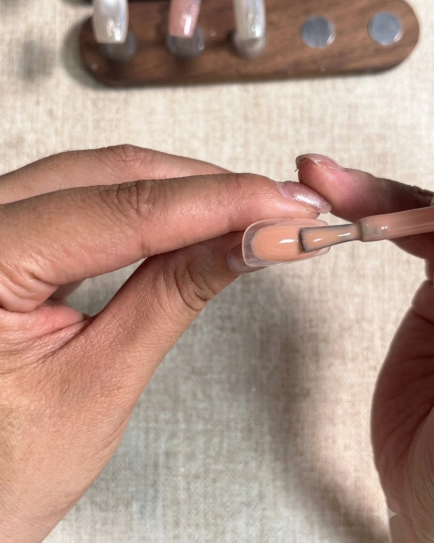 Eine Nahaufnahme einer Hand, die einen Gelpinsel verwendet, um eine feste Pfirsich-Nude-Farbe gleichmäßig auf einen klaren Nageltip aufzutragen.