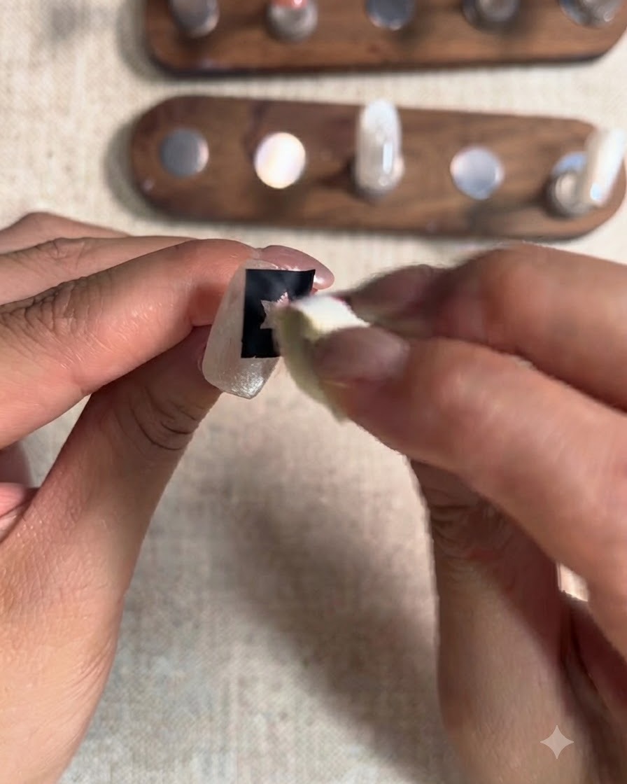 Eine Nahaufnahme eines Fingers mit einem Stern-Schablonenaufkleber auf dem Nagel, der mit einem in rotes Gel getauchten Schwamm betupft wird.