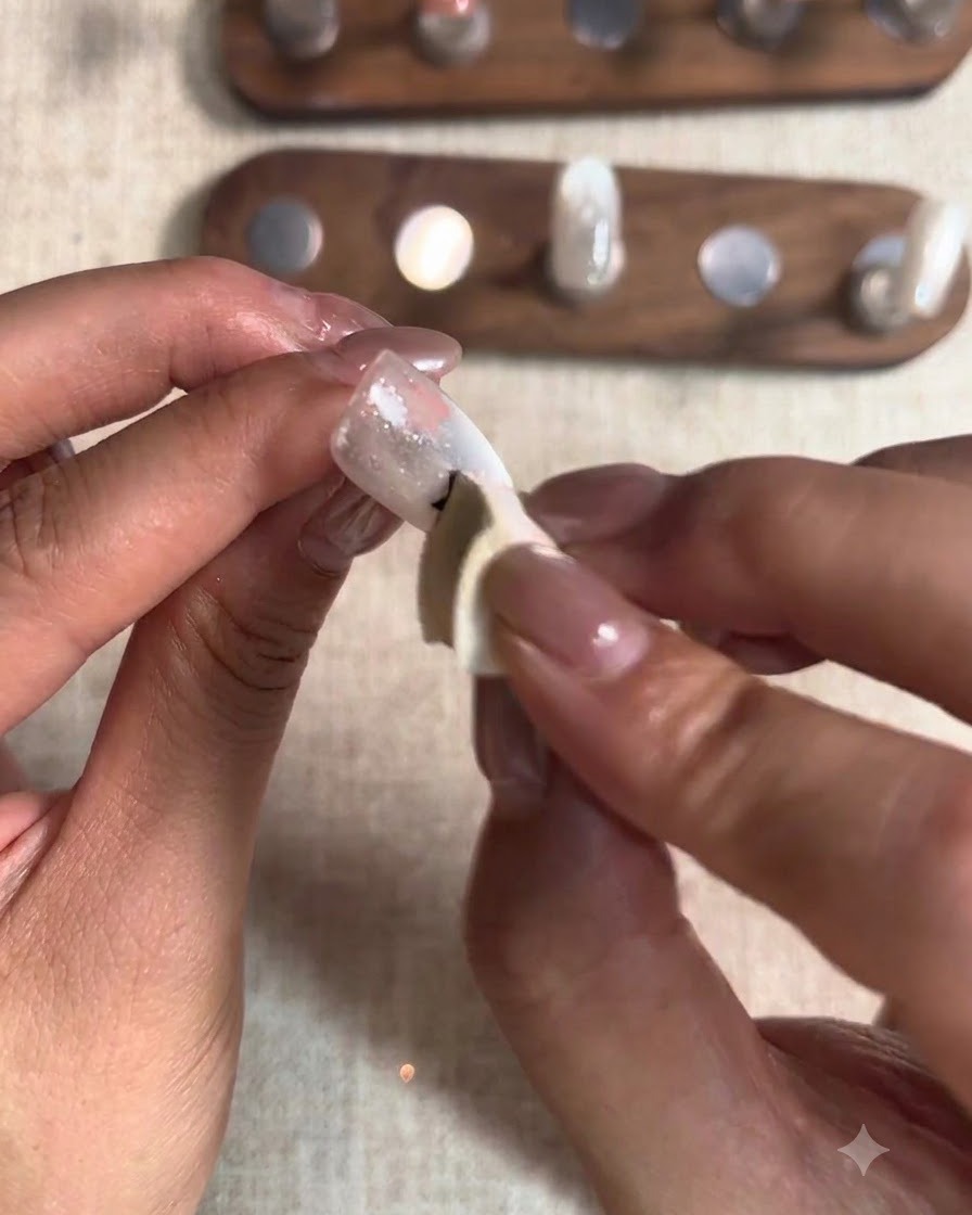 Ein Schwammapplikator tupft rotes Gel auf einen hohlen Sternaufkleber, der auf einem Fingernagel platziert ist.