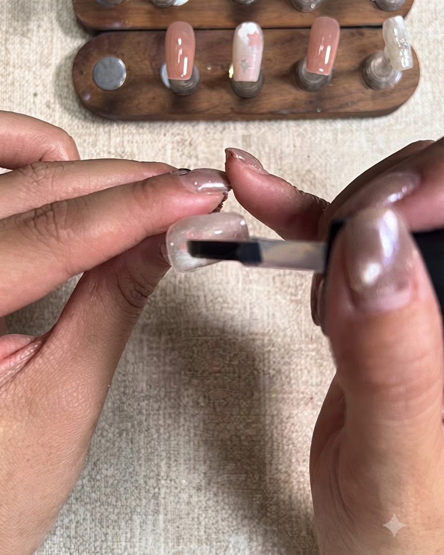 Ein Pinsel trägt eine Schicht matten Top Coat über ein fertiges Stern-Nail-Art-Design auf.