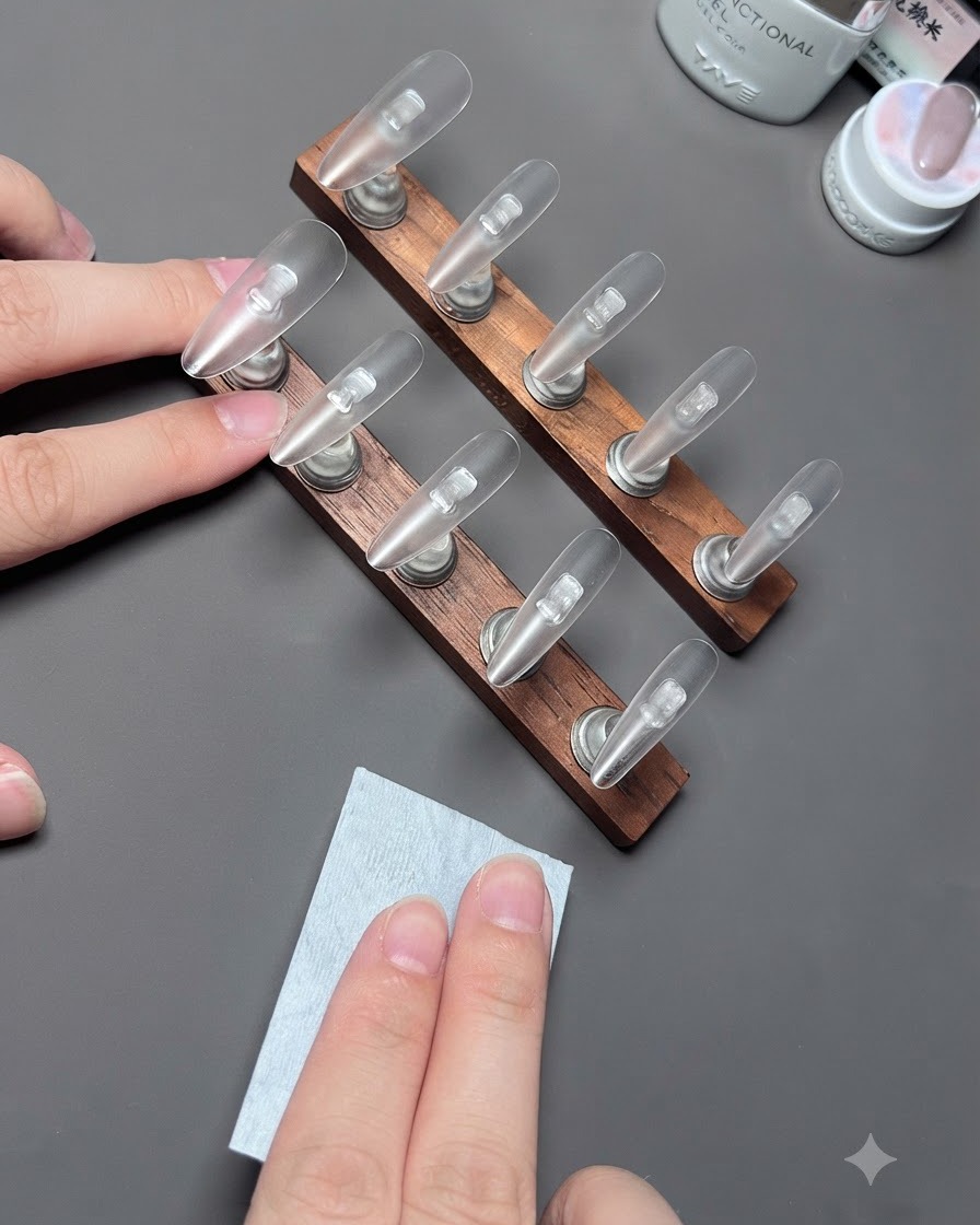 Eine Hand hält eine fusselfreie Zellette in der Nähe eines Holzständers mit klaren Press-On-Nägeln.