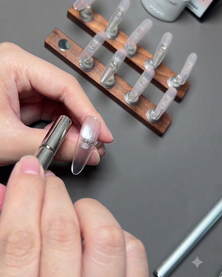 Ein zylindrischer Magnetstab wird nah an einen Daumennagel gehalten, um den silbernen Cat-Eye-Schimmer zu bündeln.