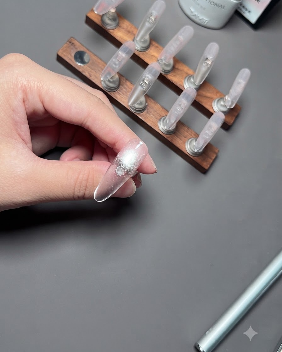Eine Hand zeigt einen Nagel mit frisch aufgetragenem silbernem Cat-Eye-Gel über einer Nude-Basis.
