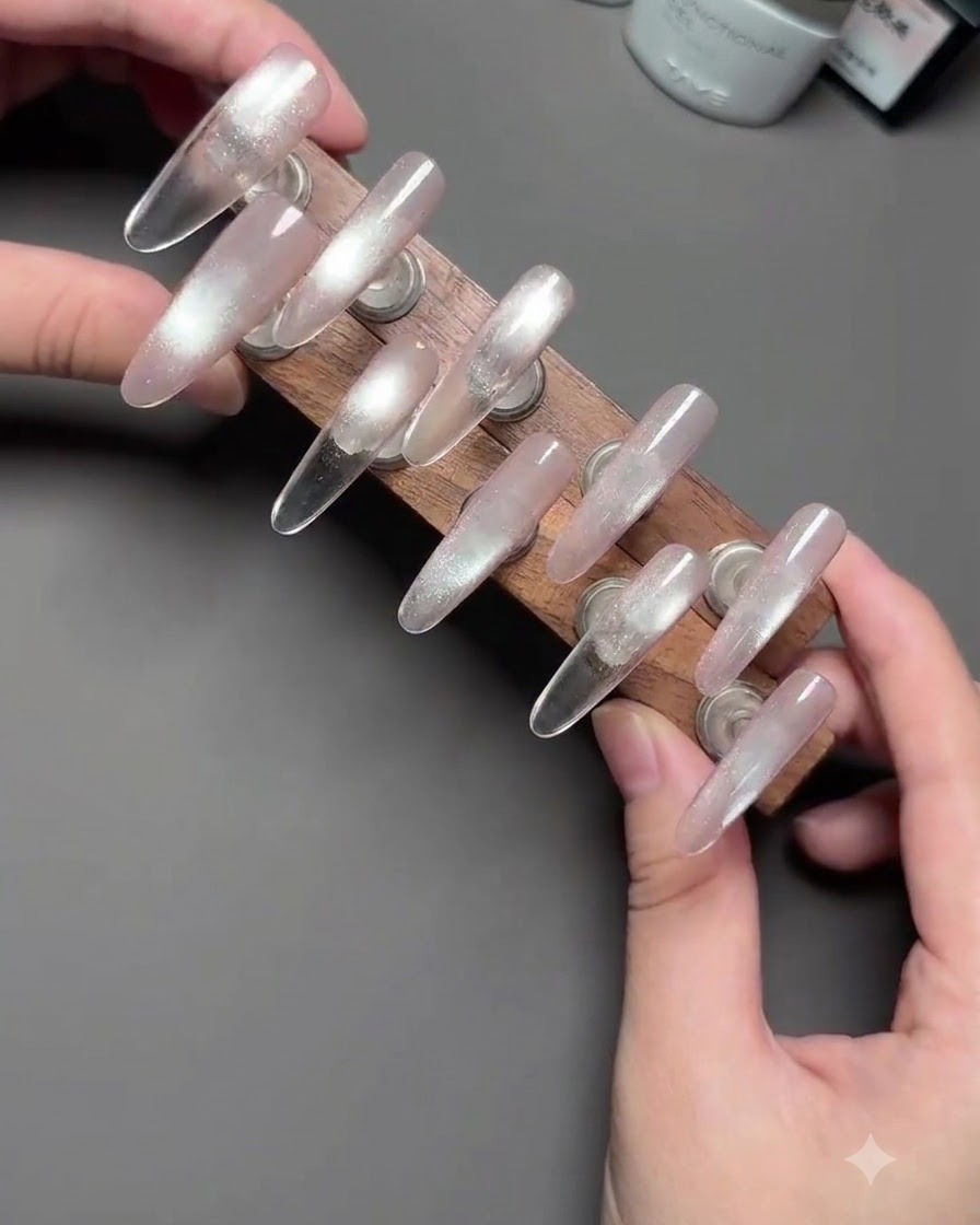 Ein klarer Silikon-Stamper hebt ein weißes Karo-Nailart-Muster von einer Stamping-Schablone ab.