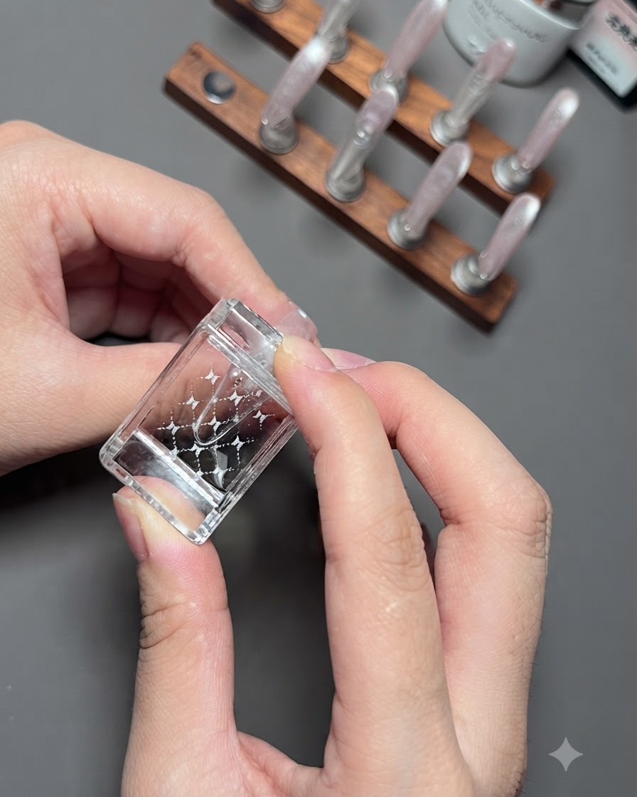 Eine Nahaufnahme von Händen, die einen klaren Jelly-Stamper auf einen Daumennagel drücken, um ein weißes Karo-Design zu übertragen.