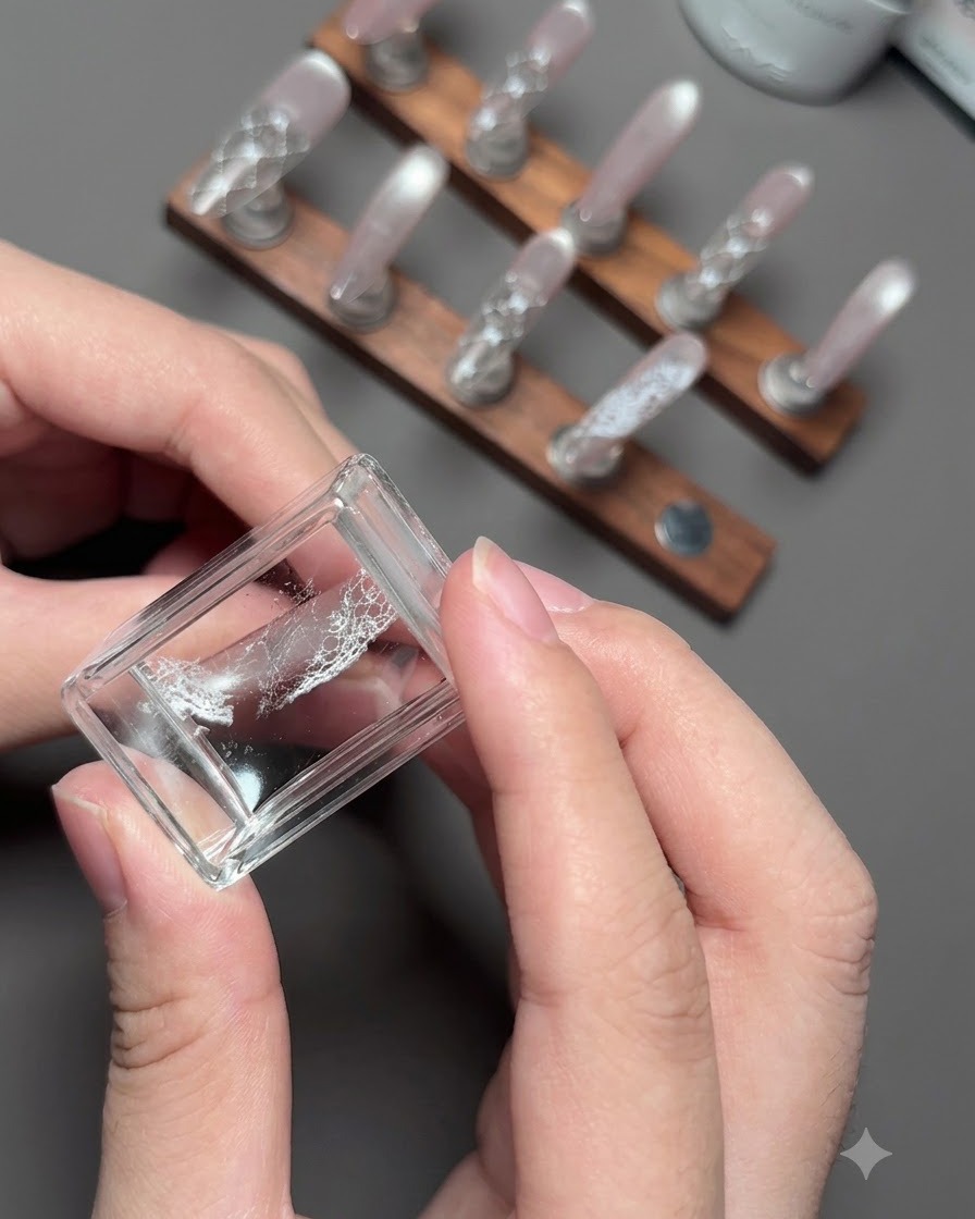 Nahaufnahme eines klaren Nagel-Stampers, der ein detailliertes weißes Spitzendesign hält, mit einem Nagel-Präsentationsständer im Hintergrund.