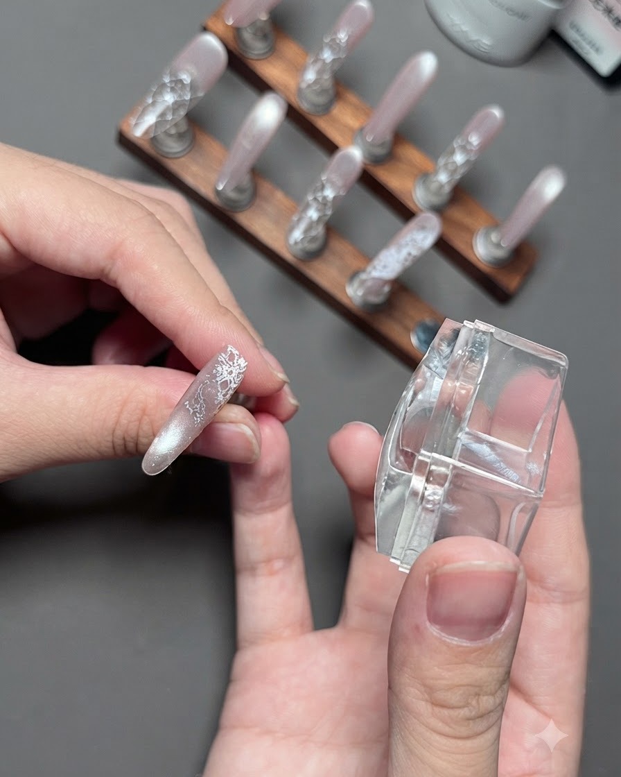 Eine Hand überträgt ein zartes weißes Spitzenmuster von einem klaren Stamper auf einen manikürten Nagel.