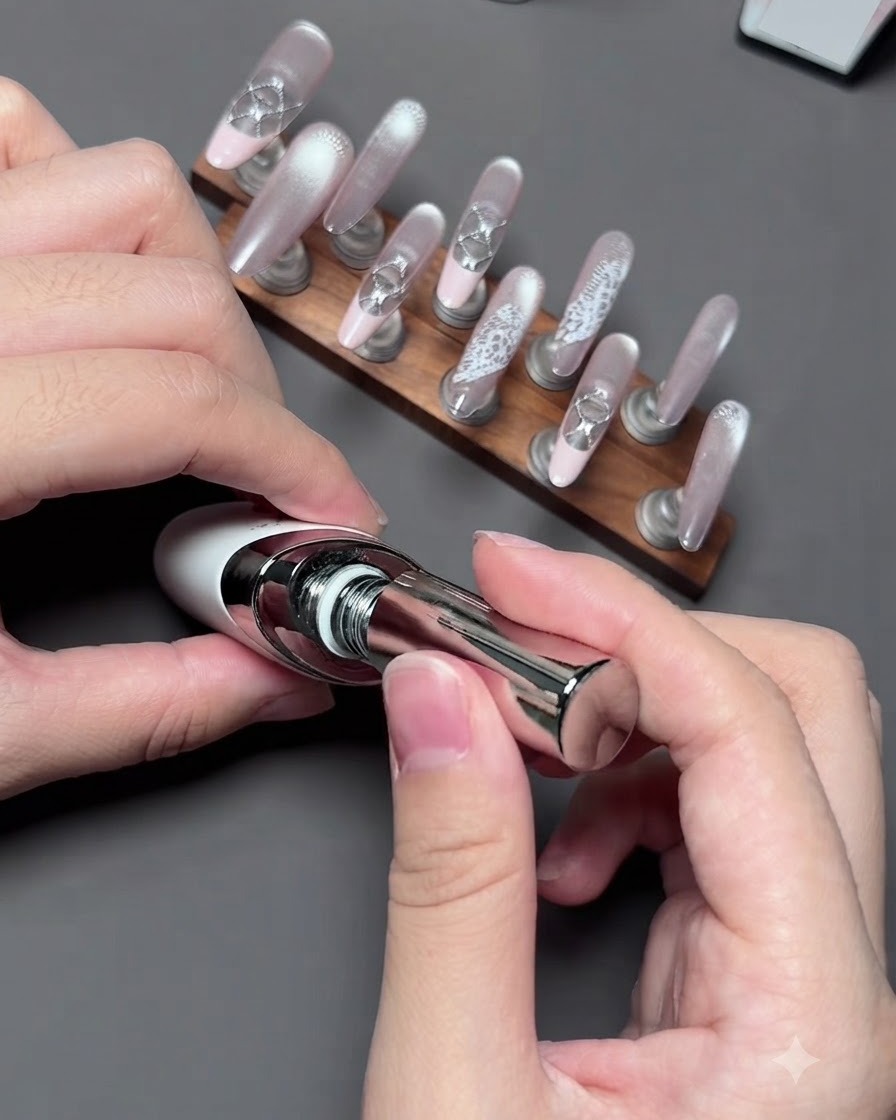 Ein Nagelpinsel trägt eine klare, glänzende Schicht Verstärkungsgel über einem verzierten Nagel auf.