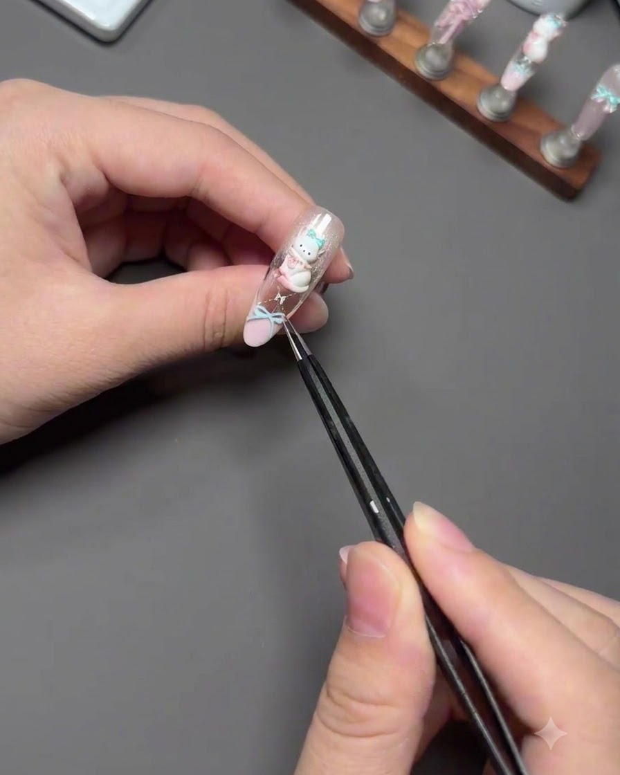 Eine Pinzette platziert vorsichtig einen 3D-Katzen-Charm auf einem verzierten Fingernagel.