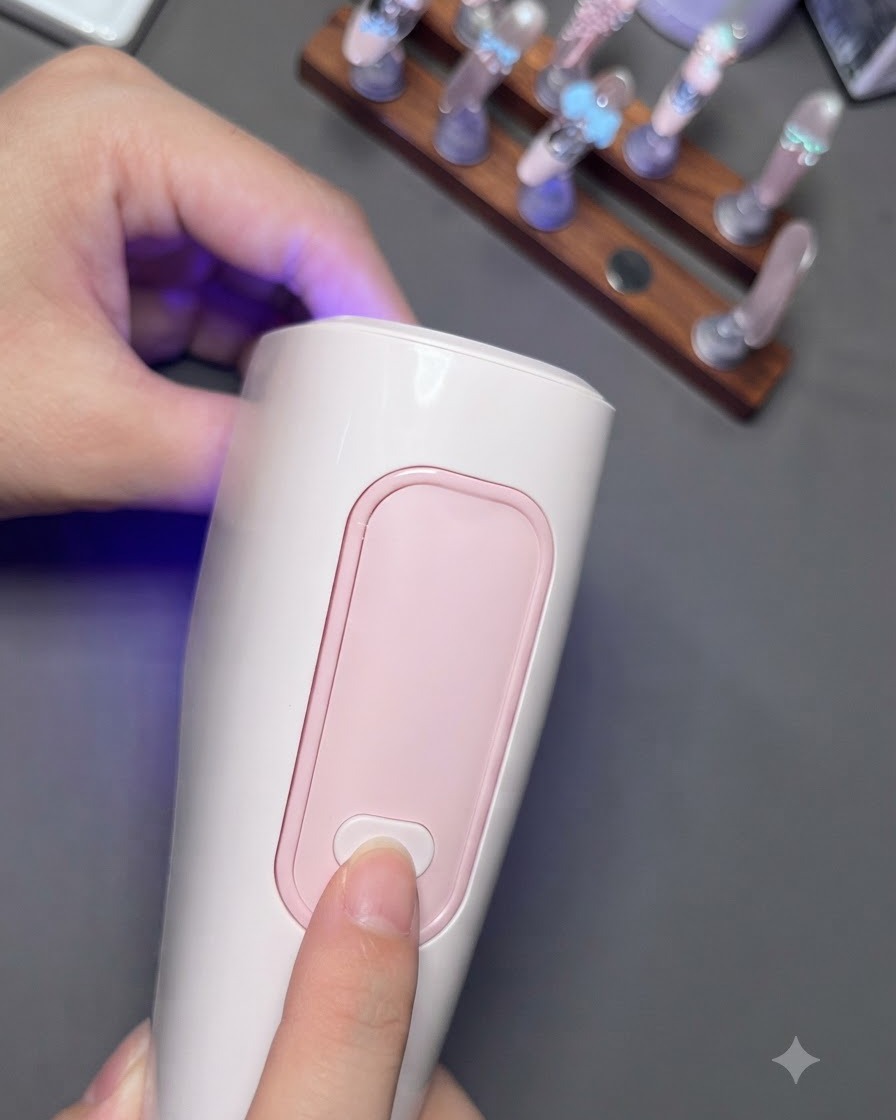 Ein Nagelpinsel trägt eine glänzende Top-Coat-Schicht präzise über einem 3D-Charm auf einem Fingernagel auf.