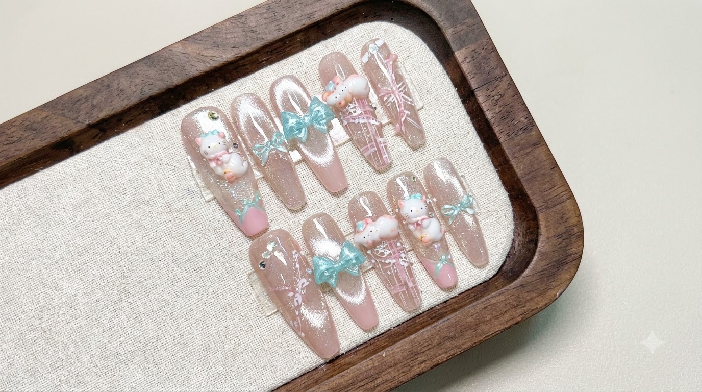 Meersalz Pfirsich Kitty Nail Art — Schritt-für-Schritt Press-On Anleitung