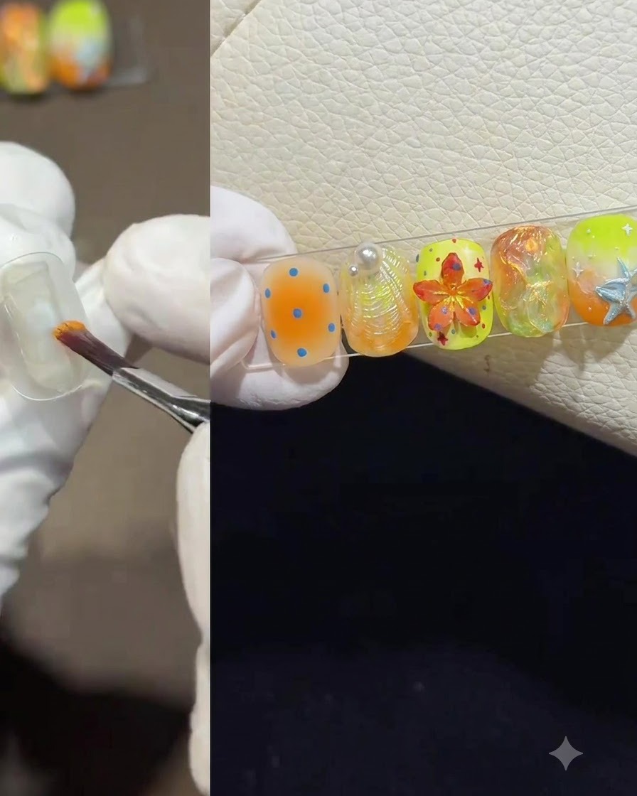 Eine handgeschützte Hand trägt mit einem Pinsel einen Tropfen orangefarbenes Gel-Polish auf eine klare Übungsnagelspitze auf.