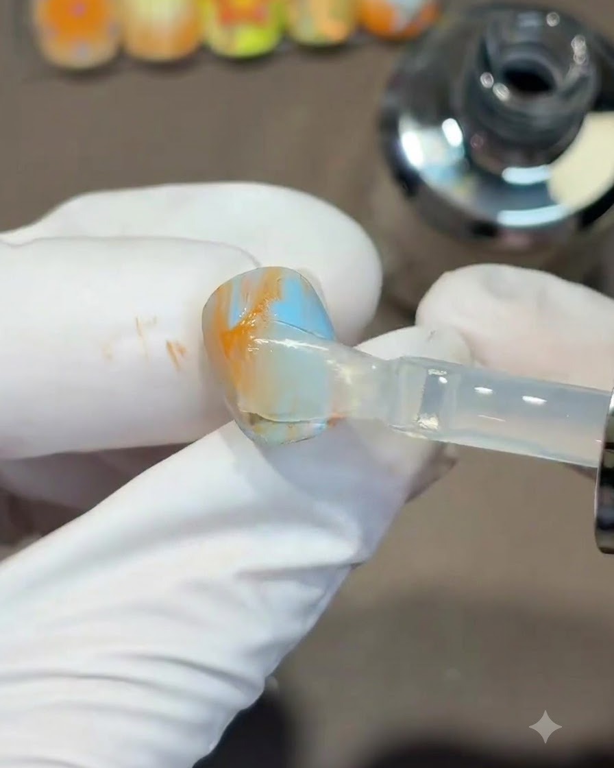 Ein Pinsel trägt eine klare Schicht Topcoat über einen verblendeten orange-blauen Gel-Nagel auf.