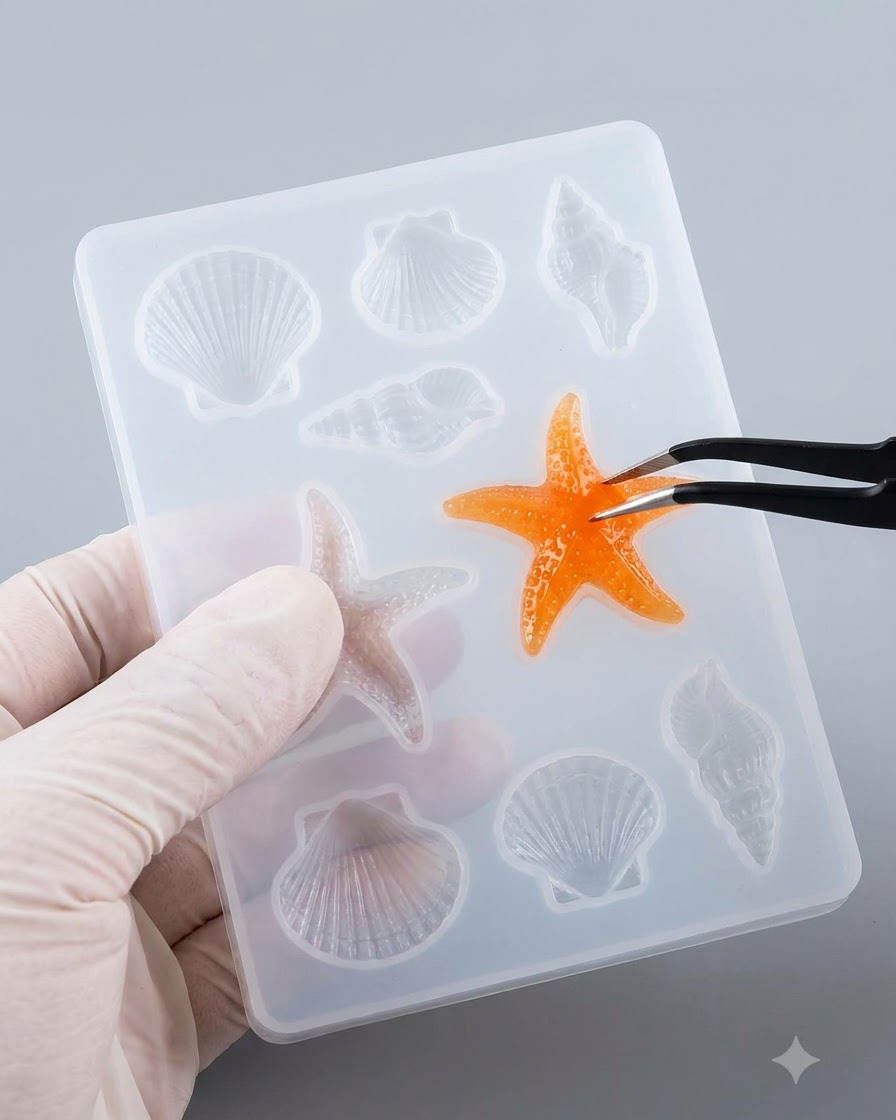 Eine schwarze Pinzette hebt ein ausgehärtetes orangefarbenes Sternchen- oder Blütenteil aus einer klaren Silikonform heraus.