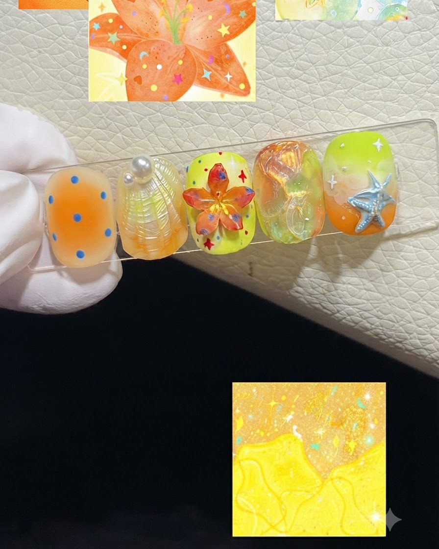 Nahaufnahme eines feinen Pinsels, der gelbe Staubblatt-Akzente in die Mitte eines 3D-Lilien-Nagelkunstwerks setzt.